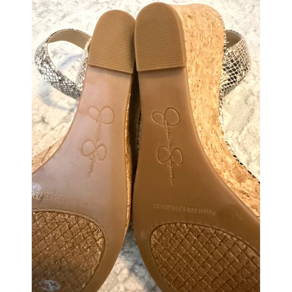 Jessica Simpson Snakeskin Cork Wedge Sandals Grey Black Ankle Strap‎ Size 7.5M